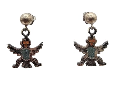 Native Crushed Turquoise Coral Sterling Silver Kachina Dancer Earrings 3.4 G