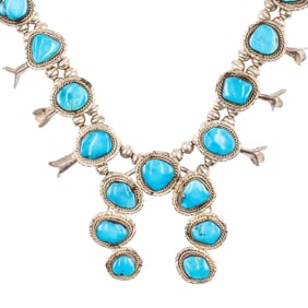 Navajo Sterling Turquoise Squash Blossom Necklace
