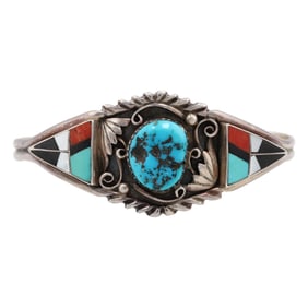 Victor Chee Navajo Sterling Turquoise and Inlay Cuff Bracelet