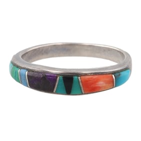 Calvin Begay Navajo Sterling Multi Stone Inlay Ring Sz 7.5
