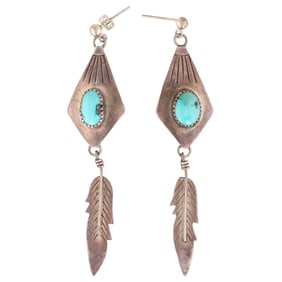 Frank Guerro Navajo Sterling Turquoise Feather Dangle Earrings