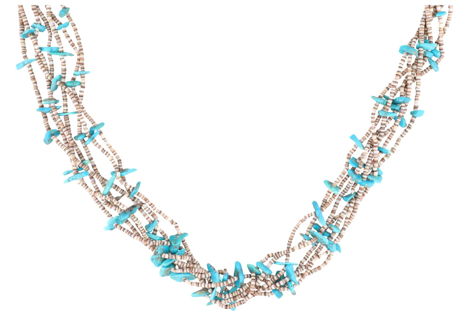 Vintage Santo Domingo Turquoise Chunk Heishi Necklace: Vintage Santo Domingo Turquoise Chunk Heishi Necklace | Materials: Turquoise, Shell, Thread/String | Weight: 64g