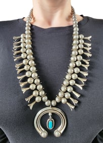 Signed WB Navajo Sterling Turquoise Squash Blossom Necklace