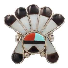 Vintage Zuni Sterling Multi Stone Inlay Sunface Ring Sz 6