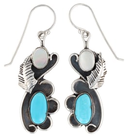 Navajo Sterling Turquoise and Mother of Pearl Dangle Earrings