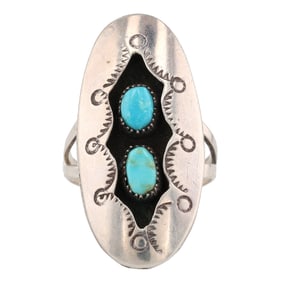 Vintage Navajo Sterling Turquoise Shadowbox Ring Sz 9.5