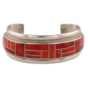 Navajo Sterling Spiny Oyster Inlay Cuff Bracelet