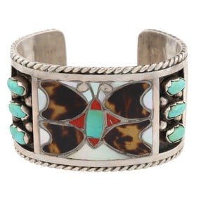 Filbert & Clara Gasper Zuni Sterling Multi Stone Inlay Butterfly Cuff Bracelet