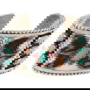 Filbert & Clara Gasper Zuni Sterling Multi Stone Inlay Butterfly Cuff Bracelet: Filbert & Clara Gasper Zuni Sterling Multi Stone Inlay Butterfly Cuff Bracelet | Materials: Sterling, Turquoise, Coral, Mother of Pearl, Shell (possibly tortoise shell), etc. | Weight: 97.1g