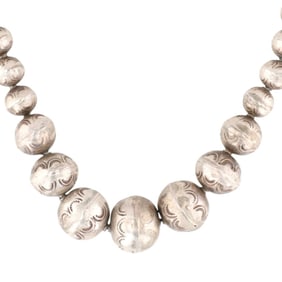 Navajo Sterling Handmade Stamped Graduated Bead Necklace