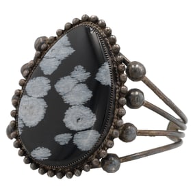 Vintage Navajo Sterling Snowflake Obsidian Cuff Bracelet