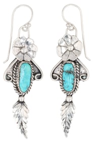 Navajo Sterling Turquoise and Flower Dangle Earrings