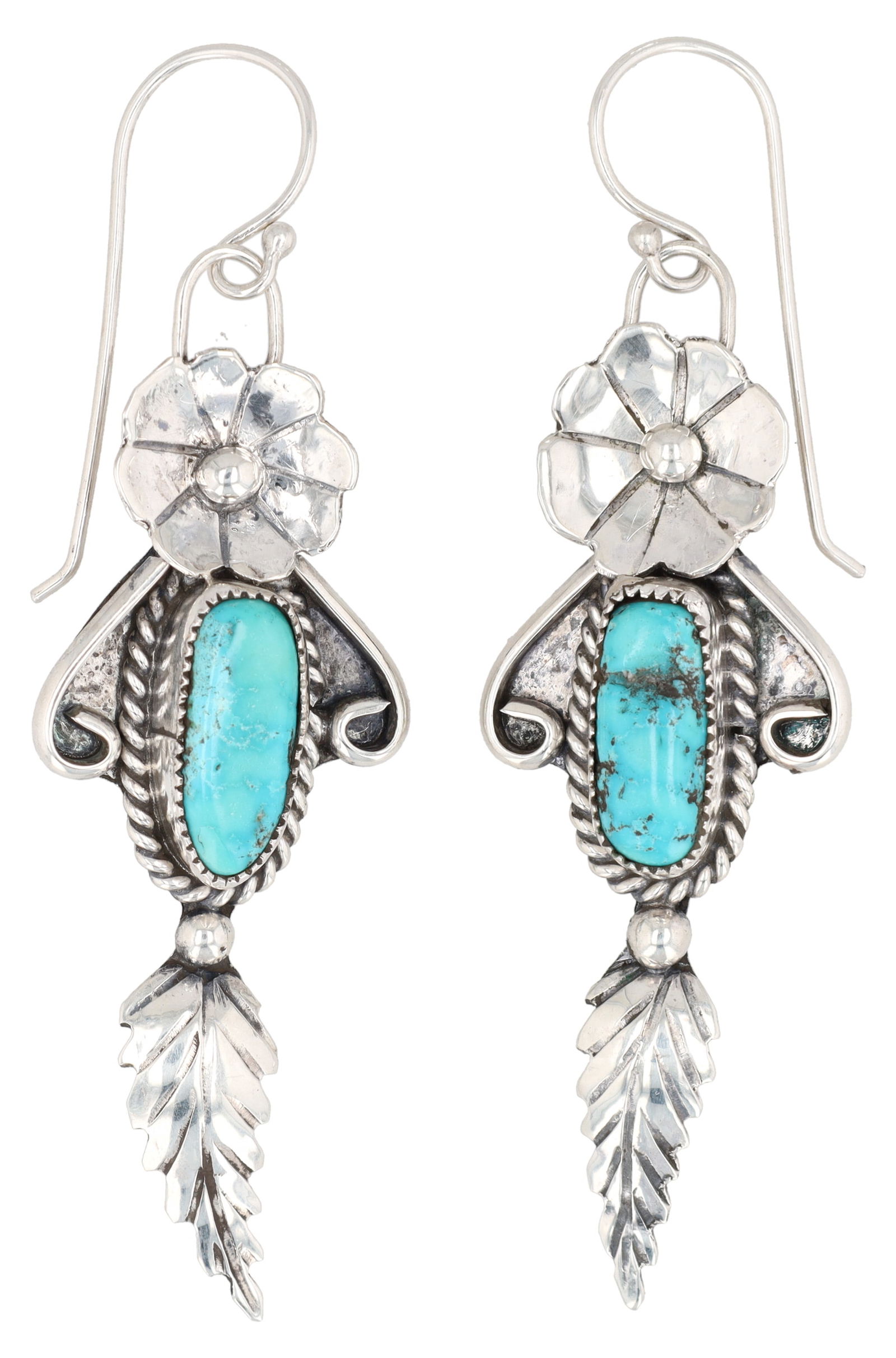 Navajo Sterling Turquoise and Flower Dangle Earrings (1 of 3)
