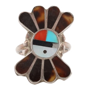 Vintage Zuni Sterling Multi Stone Inlay Sunface Ring Sz 8