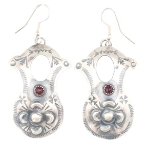 Tim Yazzie Navajo Sterling Purple Spiny Oyster Stamped Repousse Earrings