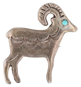Vintage Navajo Sterling Stamped Turquoise Bighorn Sheep Brooch
