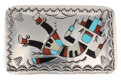 Benjamin Becenti Navajo Sterling Rainbow Man Inlay Belt Buckle