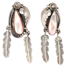 Frank Arviso Navajo Sterling Mother of Pearl Feather Dangle Earrings
