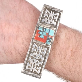 Vintage Navajo Sterling Heavy Gauge Multi Stone Inlay Cuff Bracelet