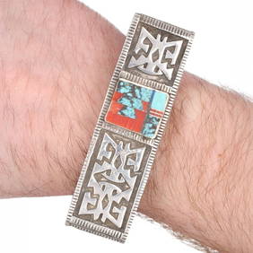 Vintage Navajo Sterling Heavy Gauge Multi Stone Inlay Cuff Bracelet (1 of 8)