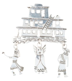 Douglas Etsitty Navajo Sterling Pueblo Village & Kachina Dangle Brooch