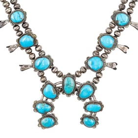 Vintage Navajo Sterling Turquoise Squash Blossom Necklace