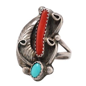Birdie Desiderin Navajo Sterling Turquoise Coral Ring Sz 7.5