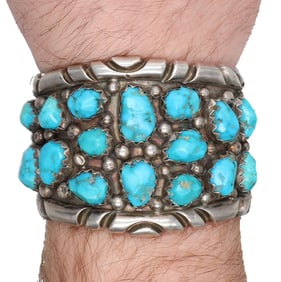 Huge Navajo Sterling Turquoise Cluster Cuff Bracelet
