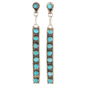Carol Allapowa Zuni Sterling Kingman Turquoise Snake Eye Bar Earrings