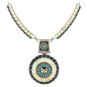 Zuni Sterling Multi Stone Carved Sunface Necklace