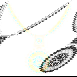 Zuni Sterling Multi Stone Carved Sunface Necklace: Zuni Sterling Needlepoint Carved Multi Stone Sunface Necklace | Materials: Sterling, Turquoise, Coral, Jet/Onyx, Mother of Pearl/Shell | Weight: 65g | Notes: Consignor purchased this as a set with the