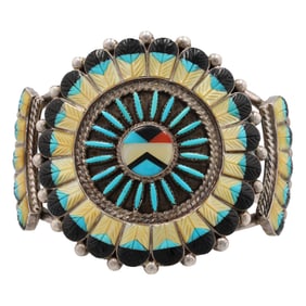 Signed Zuni Sterling Multi Stone Carved Sunface Cuff Bracelet