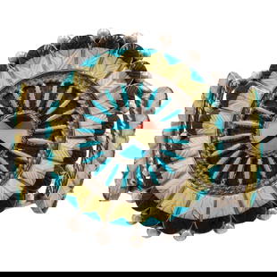 Signed Zuni Sterling Multi Stone Carved Sunface Cuff Bracelet: Signed S.P.? Zuni Sterling Multi Stone Needlepoint Carved Sunface Cuff Bracelet | Materials: Sterling, Turquoise, Coral, Jet/Onyx, Mother of Pearl/Shell | Weight: 50.8g | Notes: Appears to be signed S