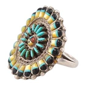 Zuni Sterling Multi Stone Carved Sunface Ring Sz 6.5