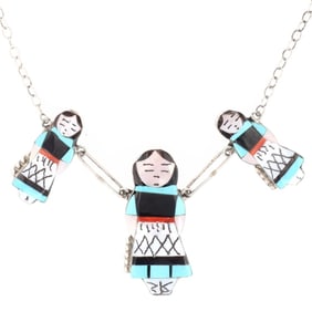Joyce Waseta Zuni Sterling Multi Stone Inlay Olla Maiden Necklace