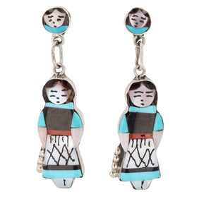 Joyce Waseta Zuni Sterling Multi Stone Inlay Olla Maiden Dangle Earrings