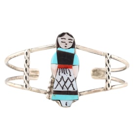 Joyce Waseta Zuni Sterling Multi Stone Inlay Olla Maiden Cuff Bracelet