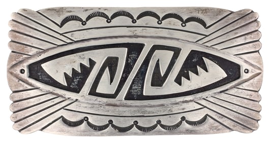 Roger A. Lewis Navajo Sterling Stamped Overlay Belt Buckle