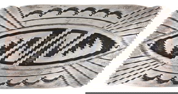 Roger A. Lewis Navajo Sterling Stamped Overlay Belt Buckle: Roger A. Lewis Navajo Sterling Stamped Overlay Belt Buckle | Materials: Sterling | Weight: 40.7g