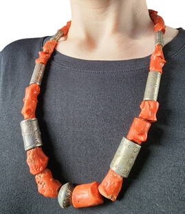 Vintage Santo Domingo Sterling Stamped Bead and Coral Necklace: Wow! Vintage Santo Domingo Sterling Stamped Bead and Coral Necklace | Materials: Sterling, Coral | Weight: 159g