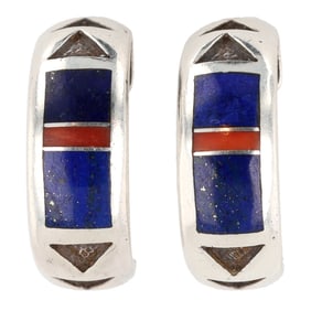Ray Tracey Knifewing Navajo Sterling Multi Stone Hoop Earrings