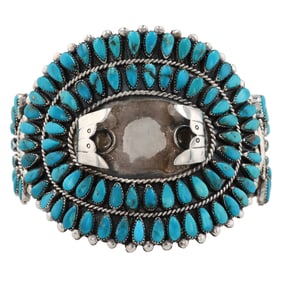 Signed WB Navajo Sterling Turquoise Petit Point Watch Cuff Bracelet