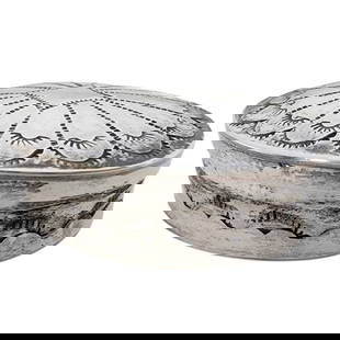 Cecil Sanders Navajo Sterling Stamped Pill Box: Cecil Sanders Navajo Sterling Stamped Pill Box | Materials: Sterling | Weight: 11.1g | Notes: Approximately 3.5 cm x 1 cm