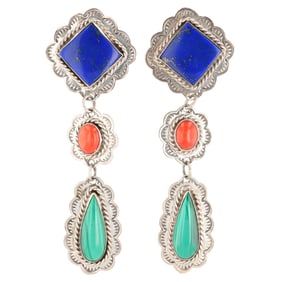 B Yazzie Navajo Sterling Multi Stone Dangle Earrings