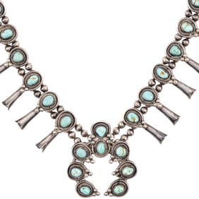 Vintage Navajo Sterling Turquoise Squash Blossom Necklace
