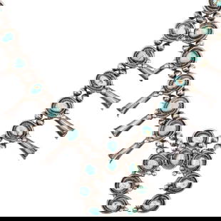 Vintage Navajo Sterling Turquoise Squash Blossom Necklace: Vintage Navajo Sterling Silver Squash Blossom Necklace | Materials: Sterling, Turquoise | Weight: 250g | Length: Approx. 26 Inches | Notes: Please see pictures for condition - there is one split bead