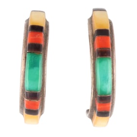Martin & Esther Panteah Zuni Sterling Multi Stone Inlay Hoop Earrings