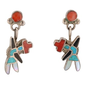 Emma Romancito Zuni Sterling Inlay Knifewing Dangle Earrings