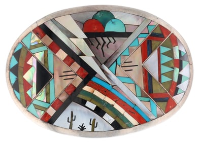 Alrit Halote Zuni Sterling Multi Stone Inlay Belt Buckle