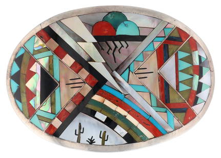 Alrit Halote Zuni Sterling Multi Stone Inlay Belt Buckle: Gorgeous!! Alrit Halote Zuni 1982 Sterling Multi Stone Inlay Belt Buckle | Materials: Sterling, Coral, Shell, Mother of Pearl, Abalone/Shell, Turquoise, Jet/Onyx, Serpentine?, etc. | Weight: 117g | No